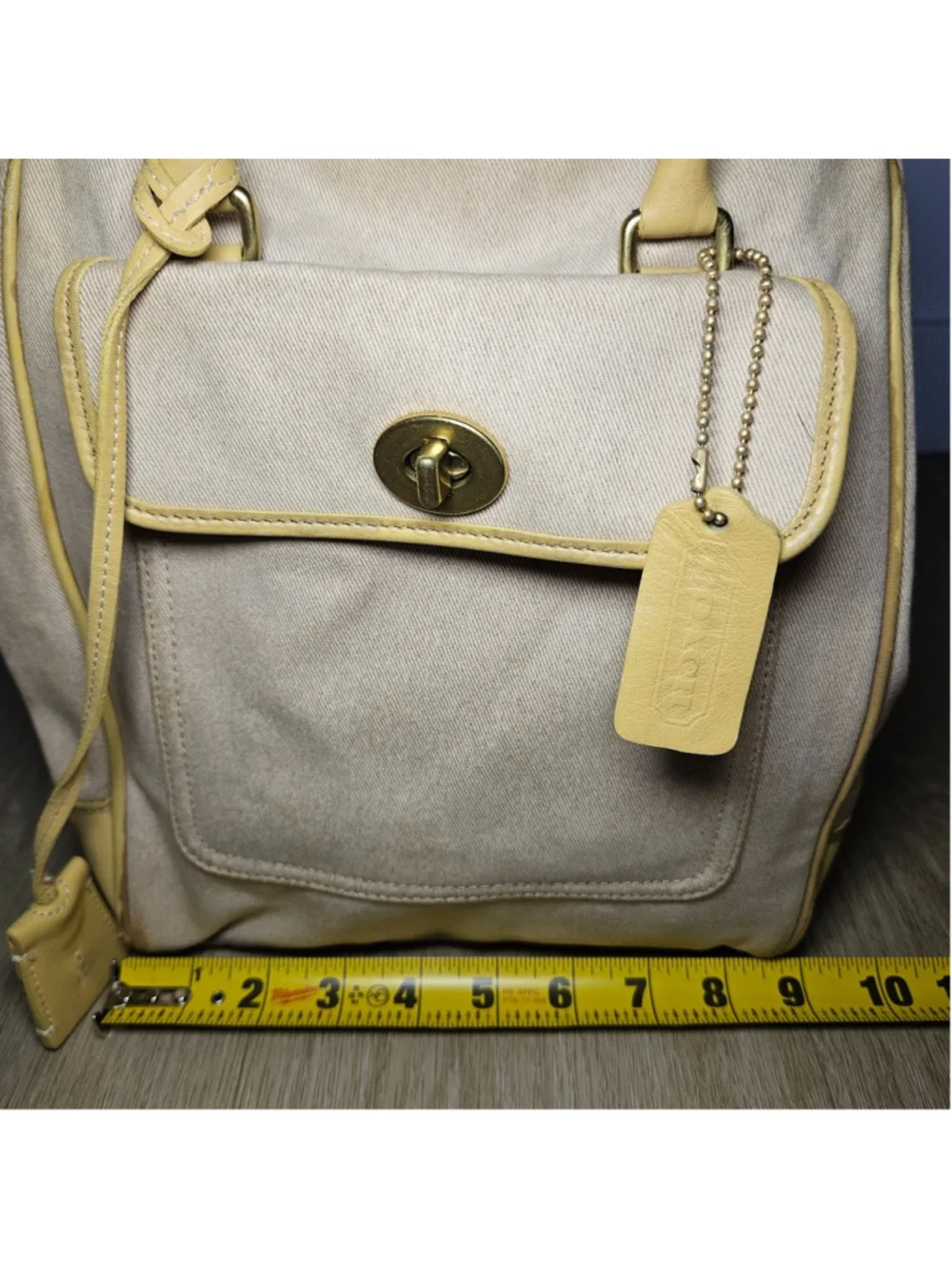 Coach Penelope Canvas Leather Tote Bag Turnlock Ivory Yellow Shoulder Purse 9781